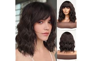 Kellynee Dark Brown Curly Bob Wig with Bangs - Short and Chic Synthetic Hair, Heat Resistant Wigs for Women - Effortlessly Stylish for Daily Wear and Special Occasions