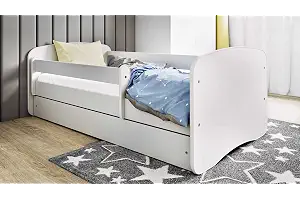 Cama Infantil 160x80 Cama para Niños Blanca con Barrera de protección contra caídas. cajones extraíbles y Base de Listones para niñas y niños - 80 x 160 cm Blanco vacío