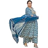 XL LOVE - By Janasya Women's Teal Cotton Foil Floral Printed Kurta with Palazzo and Dupatta