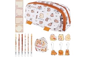 LHOEST Capybara Capybara piórnik dla dziewcząt i chłopców, 47 sztuk, zestaw przyborów piśmienniczych Capybara, 3 przegródki, kawaii, piórnik świnka wodna, naklejka Capybara, śliczny piórnik