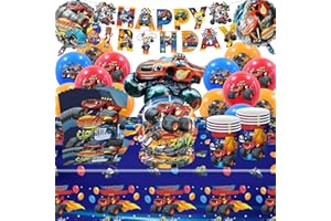 JUNMALLKO 53 Stück Monster Truck Party Geschirr, Monster Trucks Geburtstag Deko, Monster Truck Birthday Supplies Enthält Banner, Pappteller, Pappbecher, Servietten, Tischdecken und Luftballons - 10 Portionen