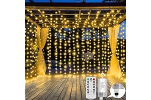 GCMacau Curtain Lights Battery Powered, Indoor &Outdoor Curtain Lights with Remote Control, 3m x 3m 300 LEDs, 8 Patterns Fairytale String Lights for Patio Decorations, Bedrooms, Parties.(Warm White)