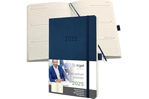 ‎SIGEL SIGEL C2532 Wochenplaner Wochenkalender 2025, ca. A5, dunkelblau, Softcover, 192 Seiten, Gummiband, Stiftschlaufe, Archivtasche, aus nachhaltigem Papier, Conceptum