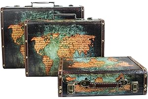 Emartbuy Set di 3 Scatole Stile Valigia Bagaglio Portaoggetti Decorative retrò Stampate con Manico in Ecopelle e Chiusure Metalliche di Bloccaggio - Mappa del Mondo