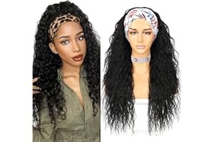 Sapphirewigs Curly Headband Wig Long Black Synthetic Hair Loose Water Wave Headband Wigs for Women Glueless 150% Density 26 inch