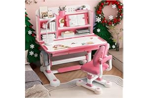Altsuceser Kinder Bürostuhl Set, Höhenverstellbarer Studientisch mit Sitzkorrektur, Ergonomischer Bürostuhl mit Buchständer und Pedal (Rosa, Blau)
