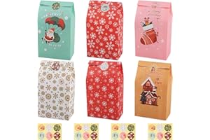 AWCIGG 24 Pezzi Sacchetti Regalo Natale Sacchettini Buste Regalo Natalizi Bustine Natale Carta Kraft Pacchetti Per Regali Sacchetto Fine Festa Bambini con 24 Adesivi