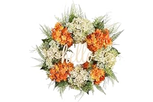 Fouriding Hortensien Kranz für Haustür,Künstliche Blumen 16Zoll Hallo Kranz Frühling Sommer Kranz für Fenster Dekoration Outdoor Haustür Home Decor (Orange weiß)