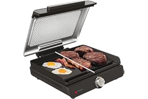 Ninja Sizzle Grill électrique d'intérieur, plancha avec plaque grill antiadhésive, couvercle compatible lave-vaisselle, collecteur de graisse, cadran température et guide de recettes, gris GR101EU