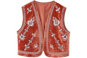 YILEEGOO Women Vintage Boho Floral Embroidered Gilets Sleeveless Crop Cardigan Tops Open Front Vest Outwear Jackets