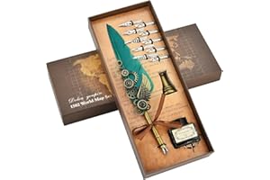 Hethrone Quill Pen and Ink Set - Calligraphy Pens for Writing Feather Pen with Black Ink 10 Replaceable Nibs Gift Set (Green)