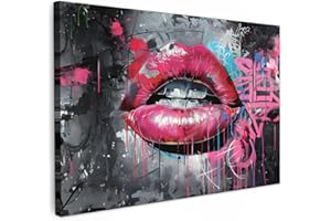 MuchoWow© Canvas Wall Art 47"x31" / 120x80 cm Decor Paintings Print framed on Canvas Pictures for Hallway Lips - Hot Pink - Graffiti - Paint Strokes
