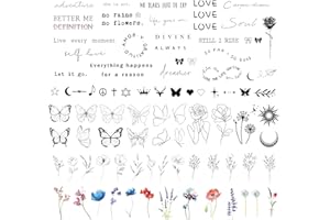DIVAWOO Realistische Temporäre Tattoos- 86 Blatt Winzige Kleine Falsch Fake Tattoos- 21 Stück Inspirierende Worte, 65 Stück Wilde Blumen Blumenblätter Schmetterlinge Für Frauen Körper