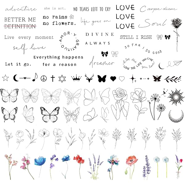 60 Temporäre Tattoos – Inspirierende Sprüche & Blumen, Wasserfest & Realistisch