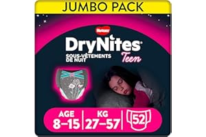 Huggies DryNites - Ropa de dormir absorbente desechable para niñas, talla 8-15 años, 52 bragas