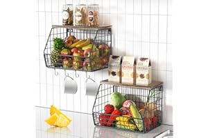 Cinati 2pcs Fruit Basket for Kitchen, Metal Fruit Basket with Wood Lid for Counter Wall-Mounted, Fruit Rack Veggie Storage Containers Kitchen Organization for Potato & Onion Storage, Easy to Install