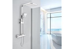 Ronvie Shower System Thermostatic Set, Chrome Shower Riser Rail with Adjustable Rainfall Shower, Scalding Protection Bath Tap, Anti-Kink Bath Hose (Square, Chrome)
