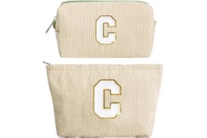 HAMATATA 2PCS Neceser Maquillaje Mujer, Beige Bolsa de Cosméticos de Viaje, Bolsa de Aseo con Letras, Neceser de Maquillaje de Pana, Regalo Cumpleaños Navidad para Mamá Mujeres Novias Mejores Amigas, C