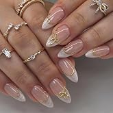 Nakhi Luxury Gold Floral Press On Nails | 24 Pcs Long Stiletto False Nails with Glue | Nude Pink & Metallic Artificial Nails