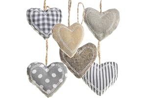 Logbuch-Verlag Pack de 6 Corazones de Tela para Colgar 5 x 6 cm Color marrón, Gris y Beige - Corazones decoración cumpleaños - Mesa Dulce Boda Amor