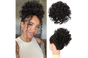 RUWISS Messy Bun Short Curly Drawstring Ponytail Extension Loose Hair Bun Hair Pieces for Women High Temperature Synthetic Hair Bun Extension 80g Black Brown to Black