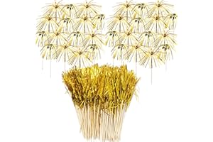 Allazone 100 Pz Fuegos Artificiales Palillos de Cóctel Brochetas, 18.5CM Oro Fuegos Artificiales Decoraciones para Tarta para Decoración de Pasteles, Artículos para Fiestas