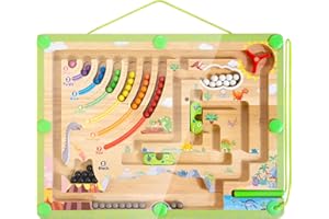 WOODMAM Magnetic Color & Number Maze for Kids, Montessori Fine Motor Toys with Various Dinosaur Patterns Wooden Matching & Counting Puzzle Board Learning Gift for Toddlers Boys Girls Age 3+