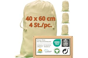 WIESEN.design Leksakspåse – 280 g/m² Oeko-TEX certifierad Heavy-Duty bomull för hållbar, professionell användning, 40 x 60 cm – 4 st., presentpåsar med dragsko, skoväska, resepåse