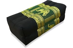‎LIVASIA livasia Block Yogakissen eckig Thaiseide, Meditationskissen Kapok, Stützkissen rechteckig, Yoga Pilates Zubehör Nackenkissen, Thaikissen fest handgefertigt 17x36x12cm (Schwarz/Grün/Elefanten Seide)