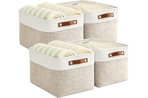 Bagnizer Foldable Storage Baskets for Shelves Closet 4PCS Fabric Small Organizer Box Bins with Handles Waterproof Canvas Box for Clothes, Pet Toys, Office Products 30x20x15CM Beige & White