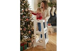 Stepup Baby Torre de Aprendizaje Montessori | Taburete Infantil de Madera | Altura Ajustable y Barra de Seguridad | Torre Montessori para Cocina o Baño | para Niños 18 Meses a 5 Años - Blanco