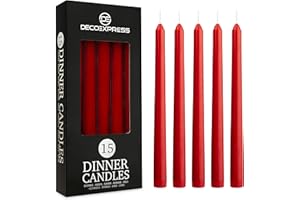 DECO EXPRESS Velas de Cena Decorativas - Pack de 10, 15 o 50 Velas Blancas y Doradas - Velas Originales sin Goteo y de Larga Duración, 8 Horas de Quema, sin Fragancia (Rojo, Paquete de 15)