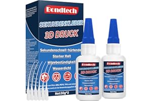 BONDTECH 60g 3D Druck Kleber Extra Stark, Wasserfest Pla kleber, 3D Drucker Kleber Sekundenkleber, Anti-Trocknungsspitze, Schnell Aushärtend, 3D Kleber für PLA, ABS, PETG & TPU