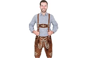 SYMPHONIE WESTERWALD Bayerische Herren Trachten Lederhose kurz, Elegante Trachtenlederhose mit Trägern, original in Dunkelbraun/mittelbraun, Oktoberfest, Größe 44-60