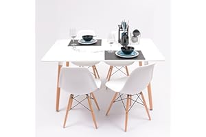 Homely - Conjunto de Comedor de diseño nórdico Nordic 140 con Mesa lacada Blanca de 140x90 cm y 4 sillas (Blanco)