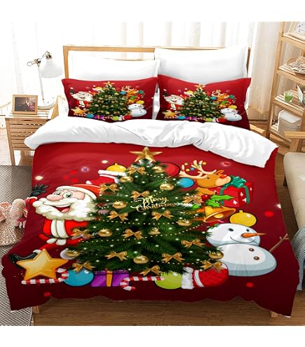 WZXGHE Copripiumino Matrimoniale Natalizio 135x200,Set Di Biancheria Da Letto Con Babbo Natale E Alce, Regali Di Natale Per Bambini E Adolescenti (Rot kariert, 135x200cm