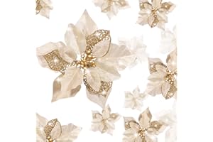 Boao 24 Pezzi Fiori di Stella di Natale Poinsettia Glitterati Artificiali Glitter Ornamenti di Capodanno per L'Albero, Nozze (Oro)
