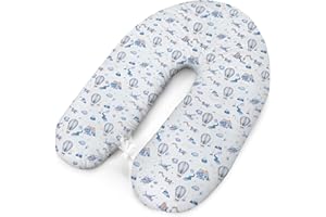 Amilian Poduszka do karmienia z wypełnieniem dla małych niemowląt, poduszka do leżenia dla niemowląt, poduszka do spania na boku, poduszka dla kobiet w ciąży, bawełna, w zestawie poszewka, rozmiar 170 cm, balony, samoloty