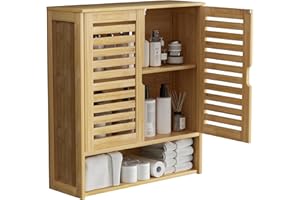 unho Przechowywanie w szafce ściennej łazienkowej: Bambusowe szafki na leki Półki naścienne nad toaletą Organizer do przechowywania z 2 drzwiami Regulowana półka Zamek magnetyczny