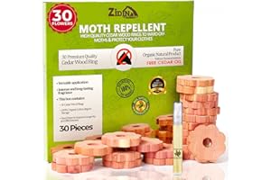Zidina Moth Repellent for Wardrobes | 30x 100% Natural Cedar Wood Rings with Free 4.5ml Organic Cedar Oil | Wardrobe Fresheners | Includes Organic Fabric Bag & Sandpaper