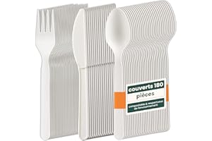 HAAGO 180 Couverts - 60 Couteaux, 60 Fourchettes, 60 Cuillères - Réutilisables, lavables au lave-vaisselle Couverts pour fêtes, mariages, événements, pour aliments chauds et froids