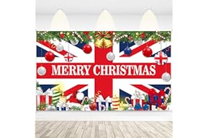 DPKOW Merry Christmas Banner Decorations Indoor Outdoor, 185x110cm Fabric British Xmas Decorations Union Jack Flag Banner UK Flag Decor Wall Background Christmas Hanging Ornaments Xmas Party Supplies