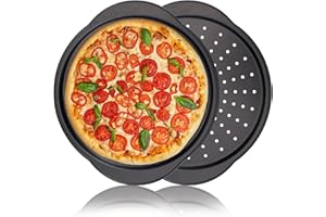 hunnycook 2 Pcs Pizza Trays for Oven -13" Pizza Pan with Holes and Handle, Carbon Steel, Non Stick Baking Tray Set for Cooking, Baking, Dishwasher Safe