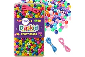 DasKid 1200PCS Colorful Pony Beads – Includes 2 Strings – Small Craft Beads for Jewelry, DIY Crafts, Keychains, Necklaces & Hair Braiding – Fun for Kids & Adults