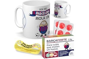 MUNDOHUEVO Taza para hinchas | Ser del Barcelona mola un huevo | Pack con Taza, Pulsera Coleccionable y Caramelos Divertidos | Regalo Original para Cules | Perfecto para Navidad o Cumpleaños | F.C Barcelona