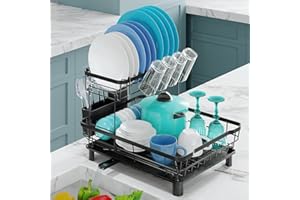 Marctani Scolapiatti da Appoggio per Lavello ACCIAIO INOX - Scola Piatti da Cucina di ALTA CAPACITÁ - Colapiatti Removibile con Scarico 360º ESTENSIBILE (2L Nero)