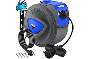 MASKO® Automatik Kabeltrommel Verlängerungskabel 20m mit 3-Fach Anschluss 180° drehbar 1,5m Zuleitung Wandhalterung Werkstatt Kabelaufroller Automatisch Stromtrommel Schlauchaufroller Inkl. Handschuhe