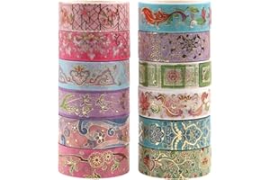 Lychii Washi Tape Set, 12 Rollen Gold Stamping Masking Tapes, Multi-Pattern Dekoratives Klebeband Kollektion für Kunst und Heimwerker, Verschönern Bullet Journals, Planer, Scrapbooking