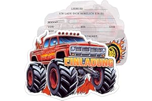 BOYATONG 12× Einladungskarten Kindergeburtstag Junge, Monstertruck Einladungskarten Geburtstag, Truck Geburtstagseinladungen Jungen, Einladung Kindergeburtstag Junge für Themed Party