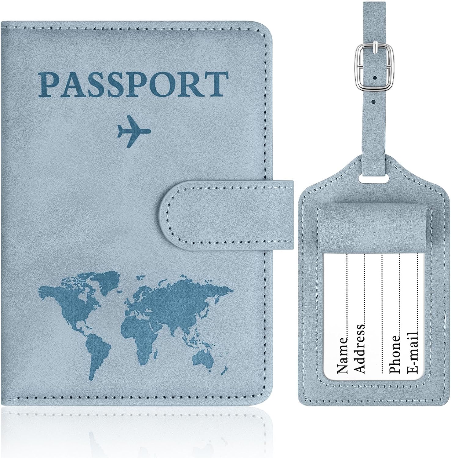 OFFCUP Funda Pasaporte, Porta Pasaporte con Bloqueo RFID, Cuero de PU Porta Documentos Viaje con Identificador De Maletas para Pasaportes Tarjetas Crédito Funda Tarjeta Identific (Azul Cielo)